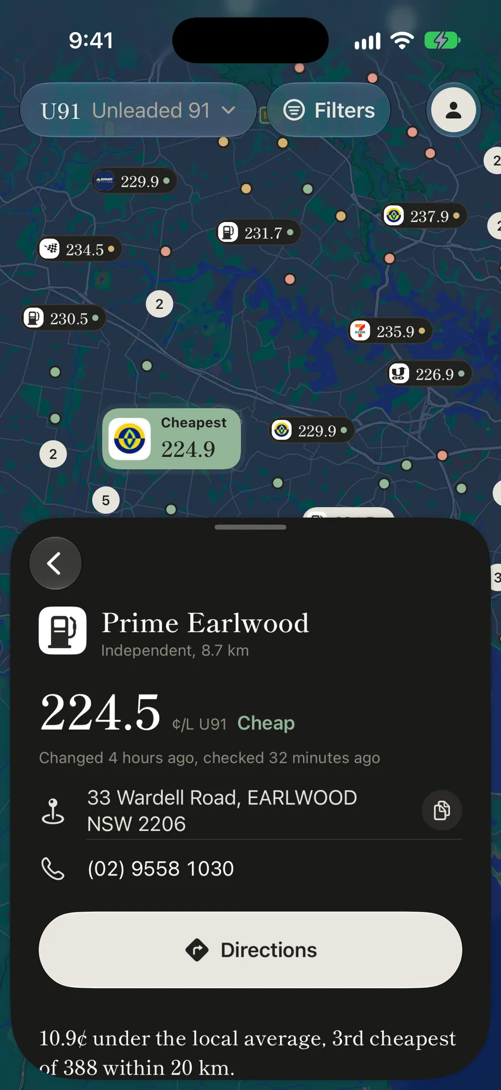 주유소 페이지: Prime Earlwood, U91 리터당 224.5센트, 마지막으로 바뀐 때 포함