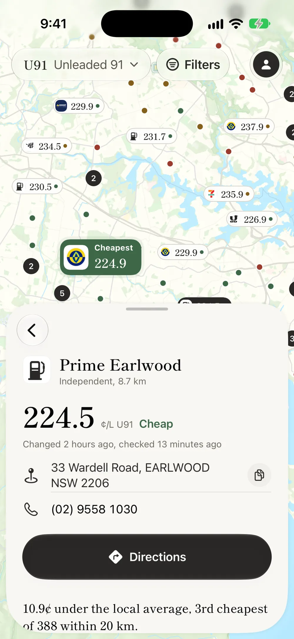 주유소 페이지: Prime Earlwood, U91 리터당 224.5센트, 마지막으로 바뀐 때 포함