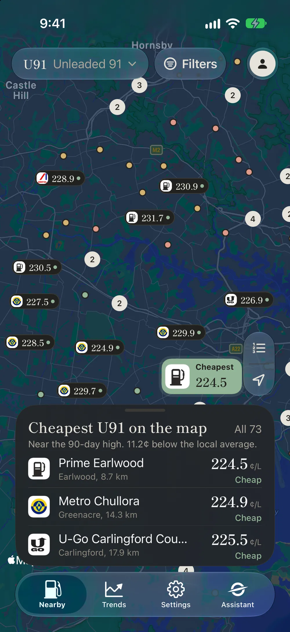 The app's Nearby screen: a map with each servo's price