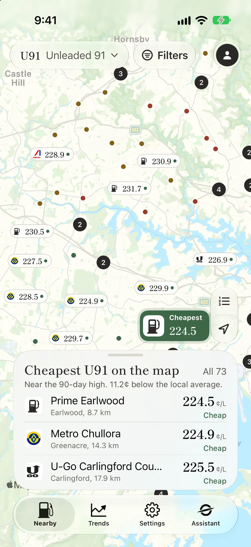 The app's Nearby screen: a map with each servo's price